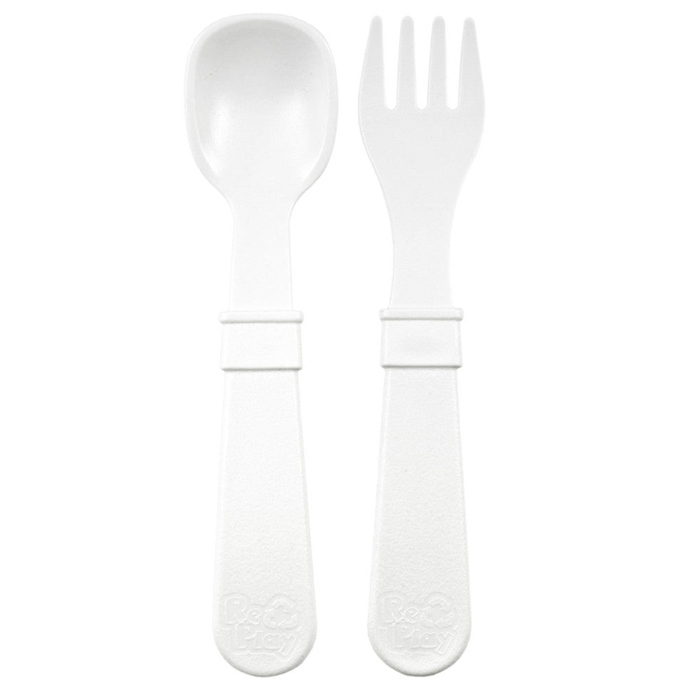 A Re-Play Fork and Spoon - White on a white background