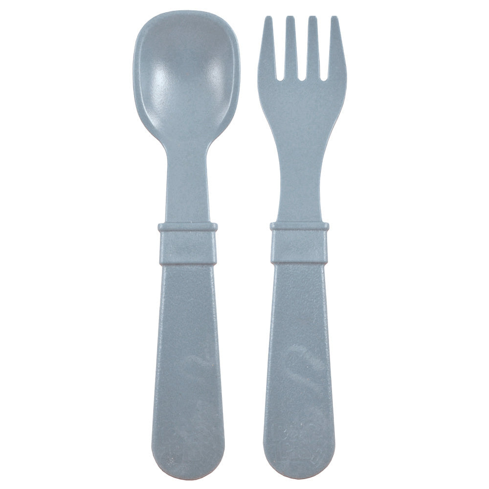 A Re-Play Fork and Spoon - Grey on a white background