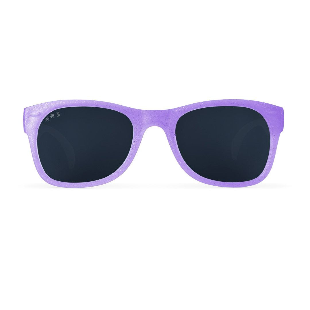 Sunglasses with purple frame and dark lenses on a white background