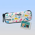 White Eyewear case with colorful geometric patterns and 'ro-sham-bo' branding on a light blue background.