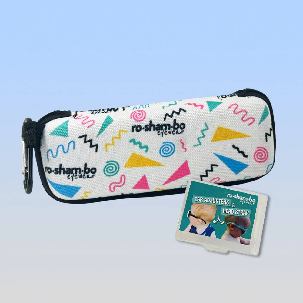 White Eyewear case with colorful geometric patterns and 'ro-sham-bo' branding on a light blue background.