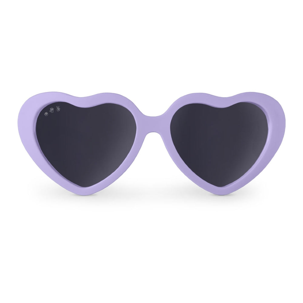 Heart-shaped sunglasses with purple frame on a white background