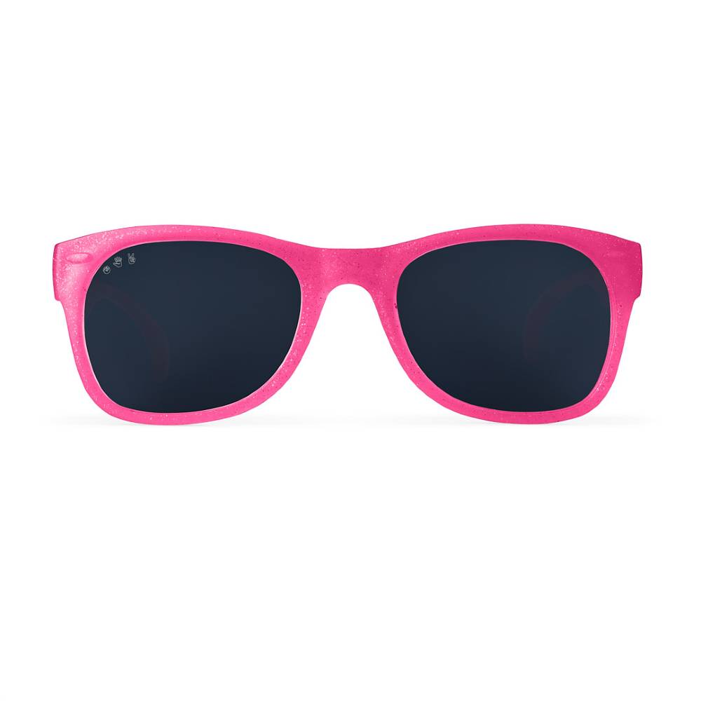 Pink sunglasses with black lenses on a white background