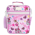 Pink lunch bag against white background.