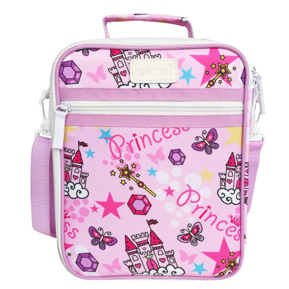 Pink lunch bag against white background.