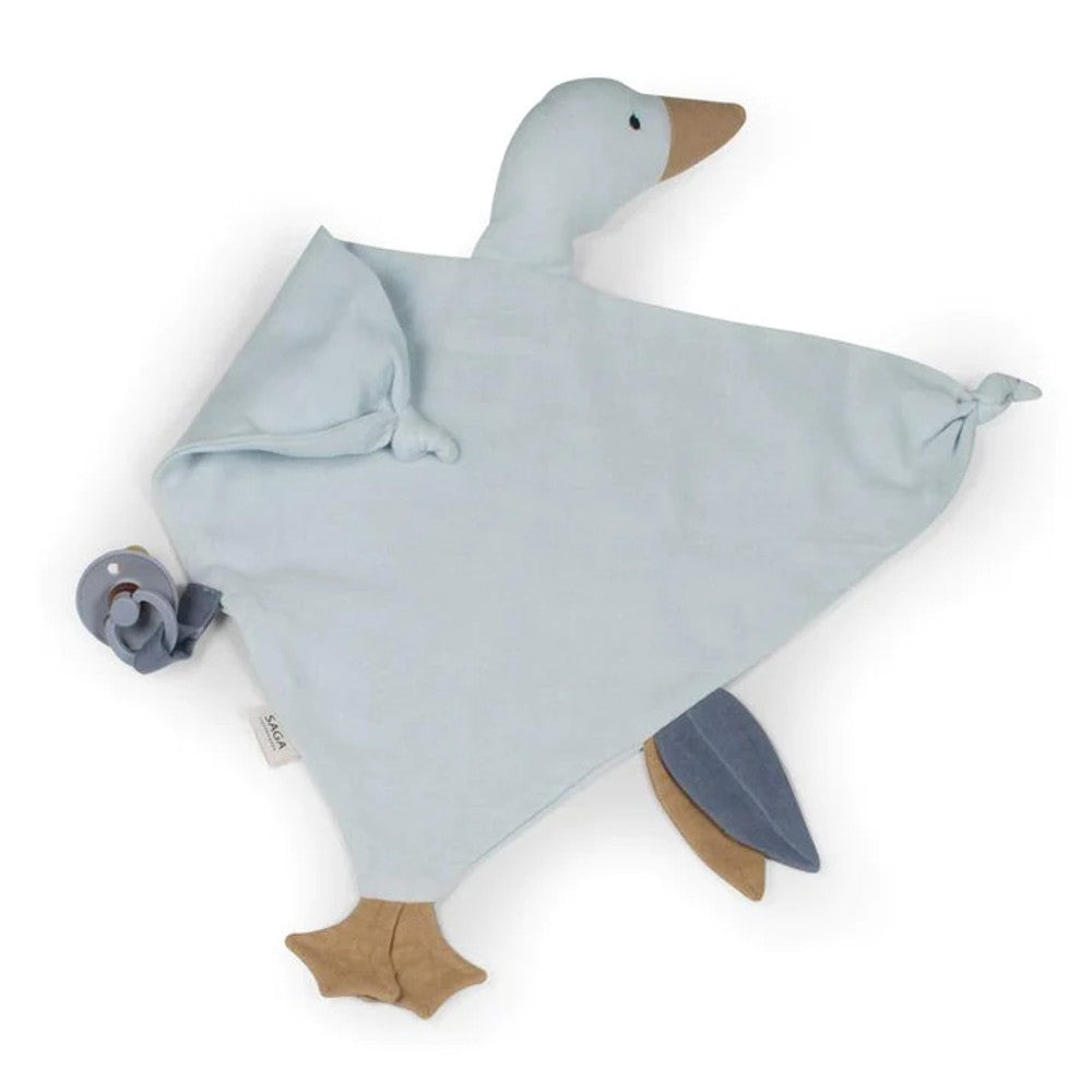 Blue Saga Copenhagen goose comforter against white background.