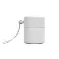 White cylindrical sunscreen container with a strap on a white background