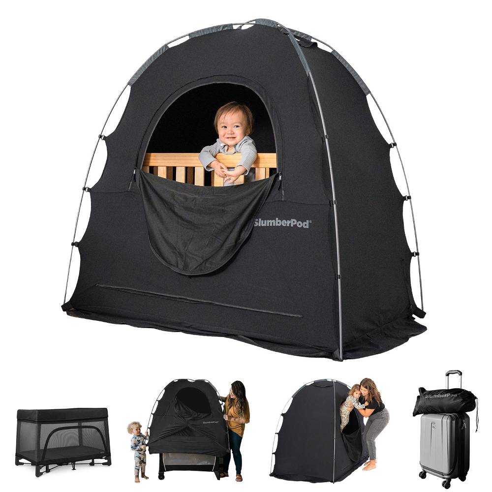 Black SlumberPod with a child peeking out, shown in various settings including a crib and suitcase.