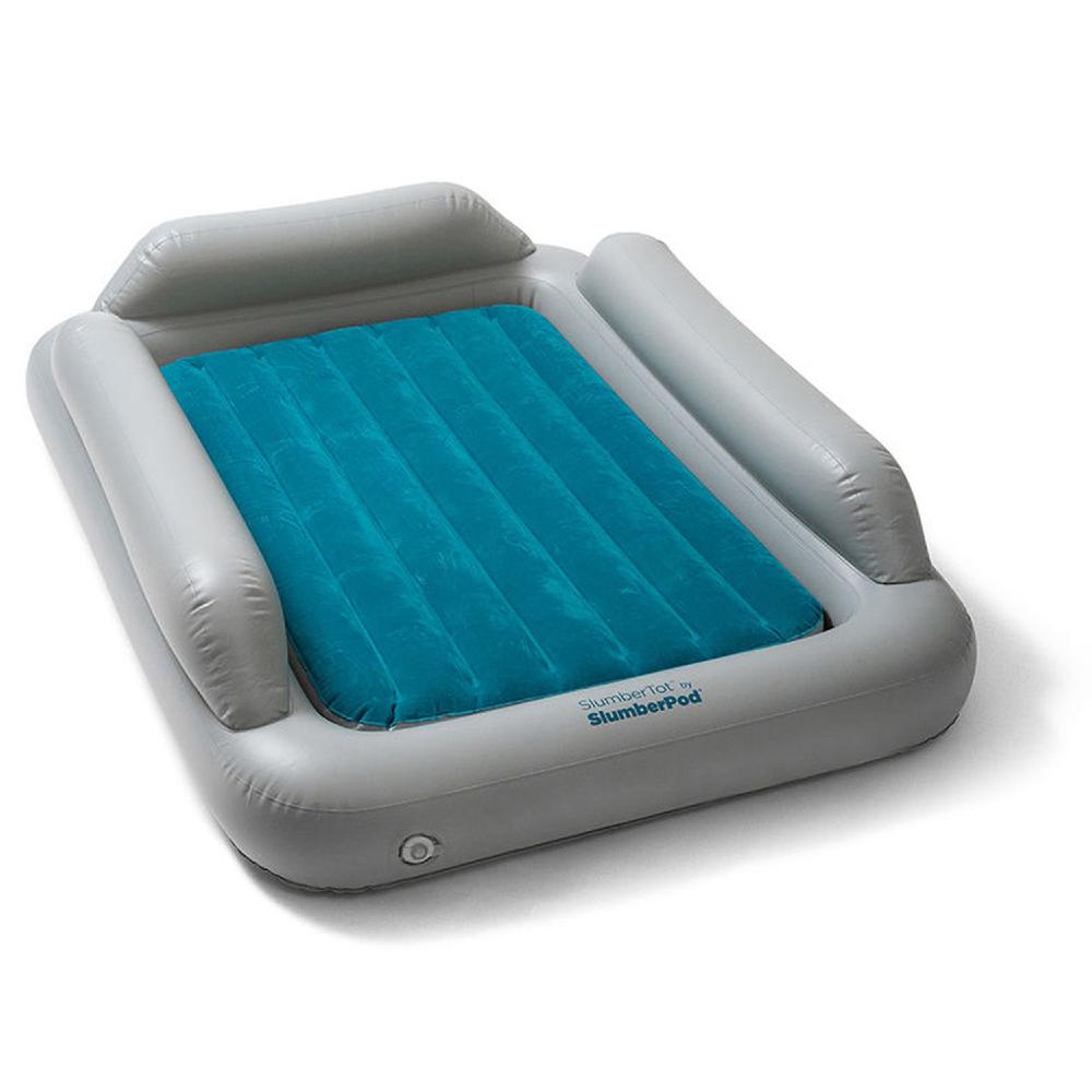 Inflatable air mattress with blue interior and gray exterior on a white background