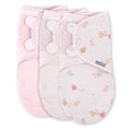 3 fitted swaddles - one solid pink, one pink and white check and one with an all over fruity pattern, on a white background. 