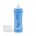 Blue food bottle with a white lid on a white background