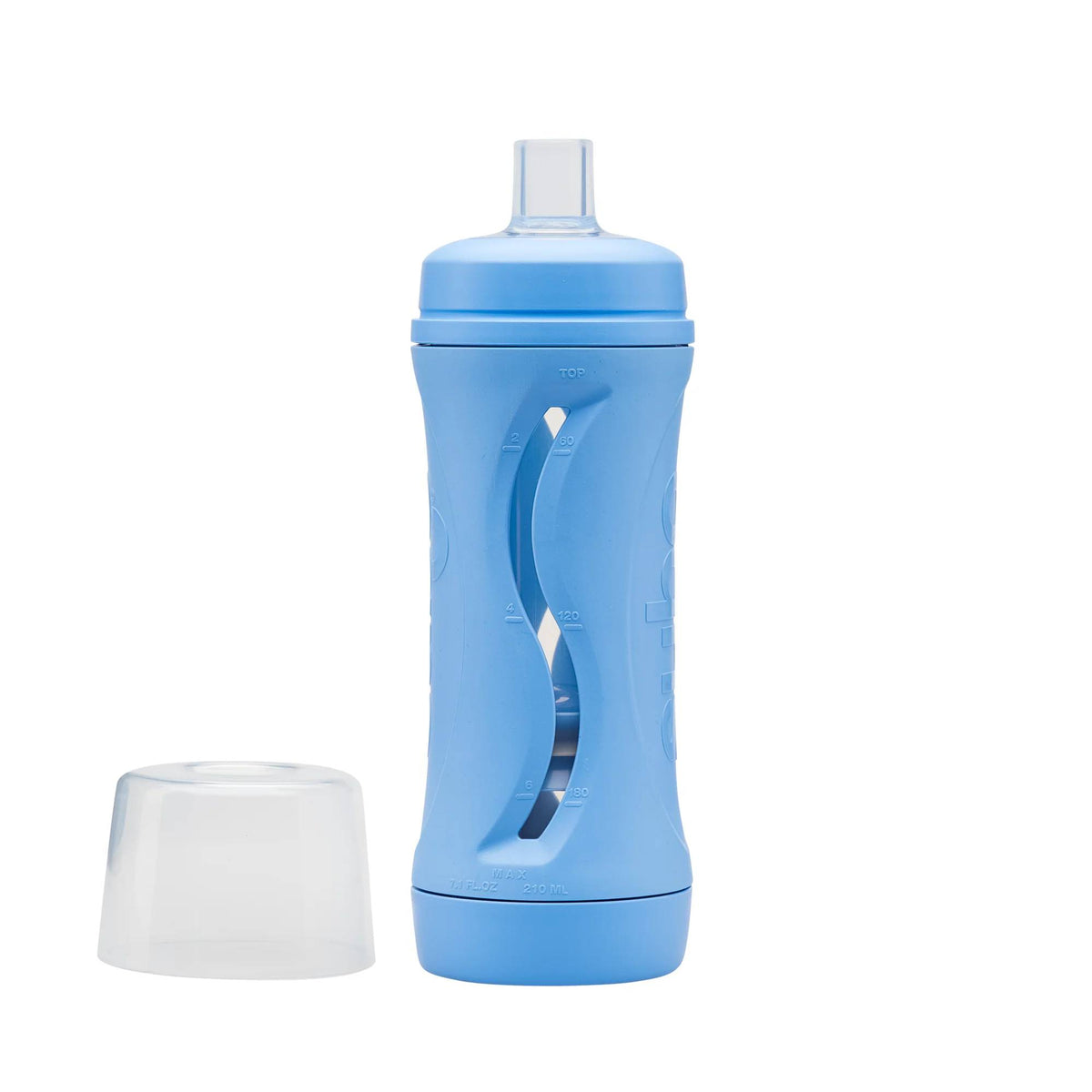Blue food bottle with a white lid on a white background