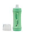 Green food bottle with a white cap on a white background