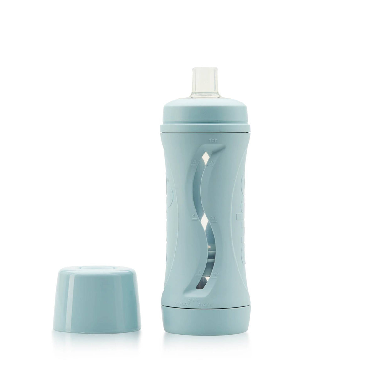 Duck egg blue food bottle with a cap on a white background