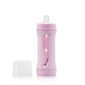 Pink Subo Food bottle with a clear cap on a white background