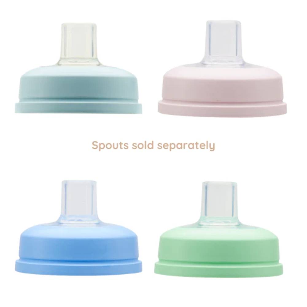 Four plastic spouts in pastel colors on a white background with text indicating they are sold separately.