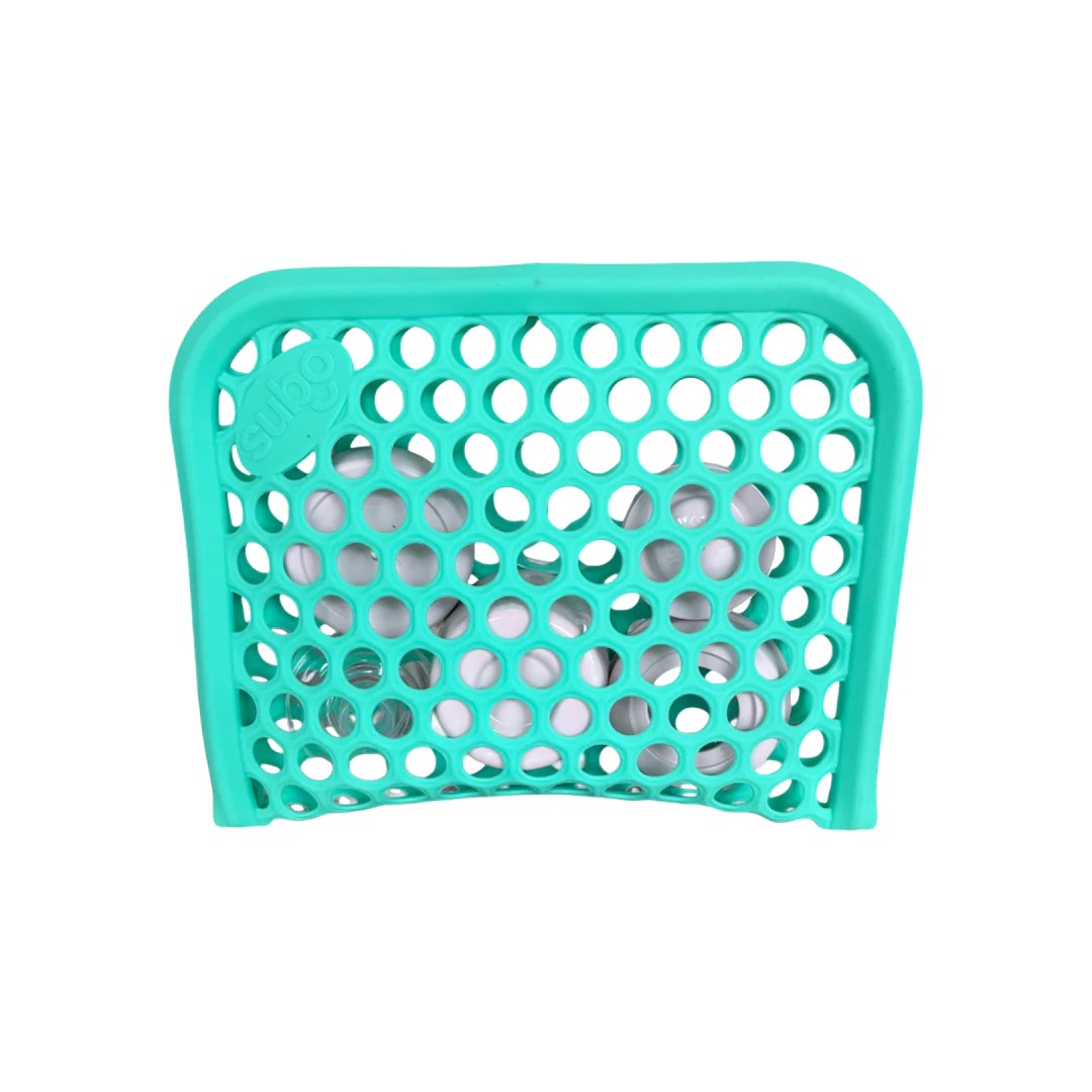 Turquoise silicone mesh cleaning pouch on a white background