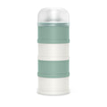 Green and cream Suavinex milk powder storage container against white background.