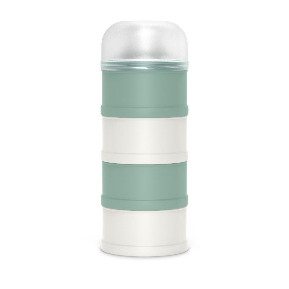 Green and cream Suavinex milk powder storage container against white background.