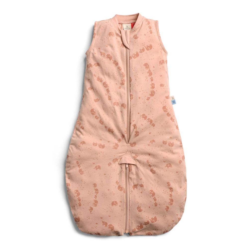 Pink baby sleeping bag with floral pattern on a white background