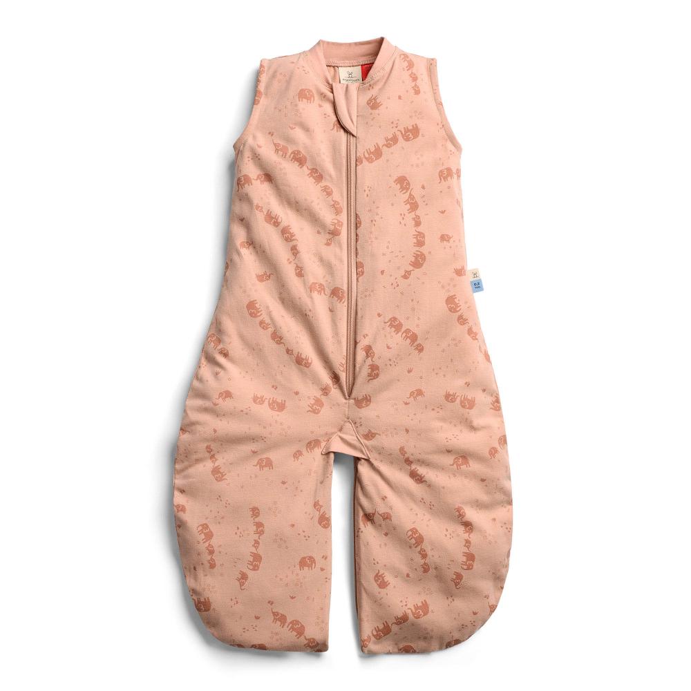 Pink baby sleepsuit with floral pattern on a white background