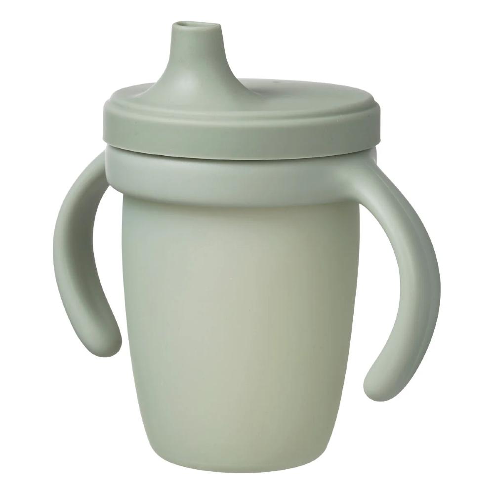 Green sippy cup with handles on a white background