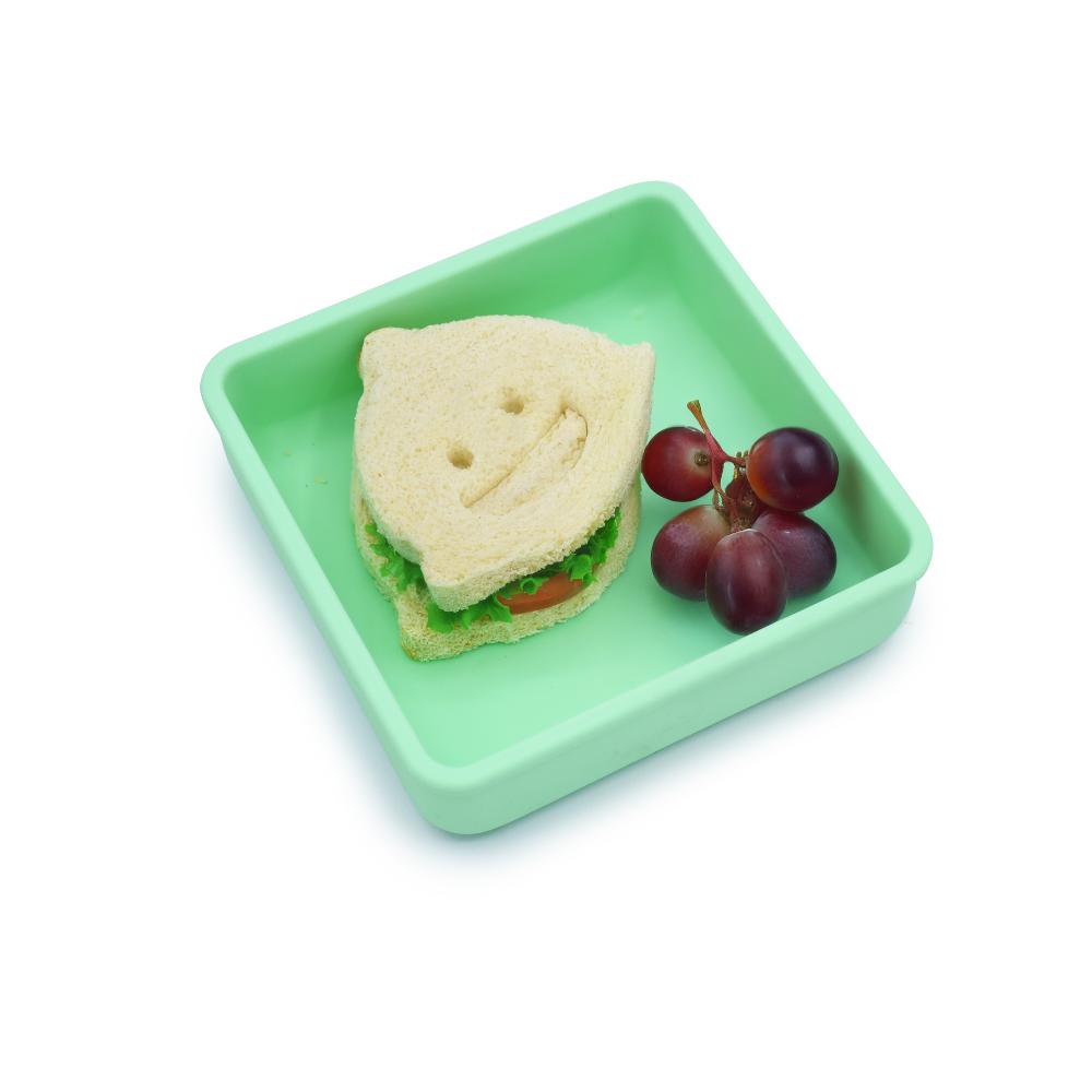 Green tray with a sandwich and grapes on a white background
