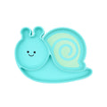 Turquoise snail-shaped silicone divided plate with yellow spots on a white background