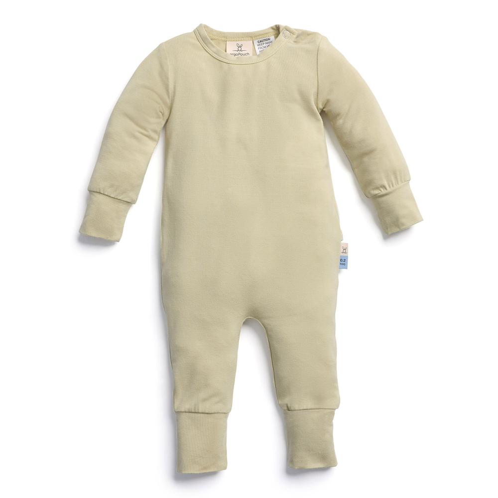 Sage green baby onesie on a white background