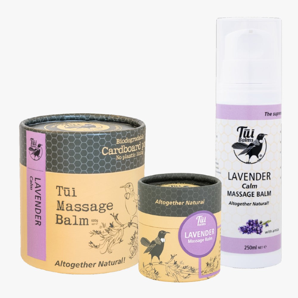 Tui lavender balm products against white background.