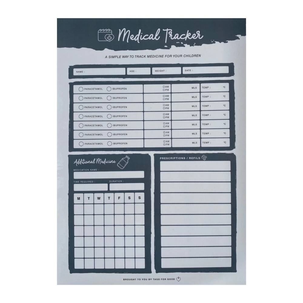 Grey and white Tags For God medical tracker against white background.