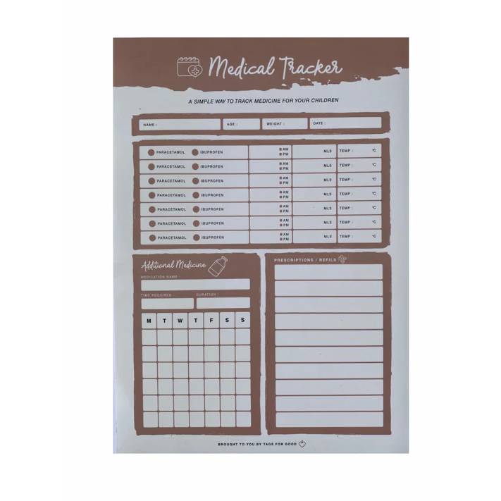 Orange and white Tags For God medical tracker against white background.