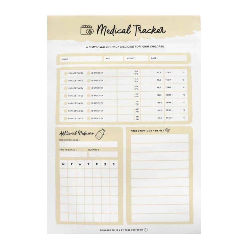Cream and white Tags For God medical tracker against white background.