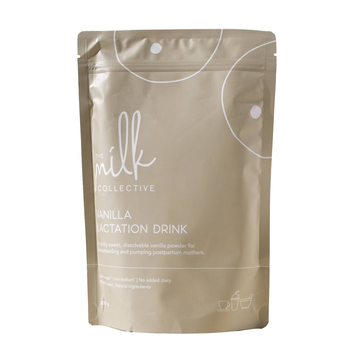 A stand-up pouch of The Milk Collective Vanilla Lactation Drink on a plain white background.