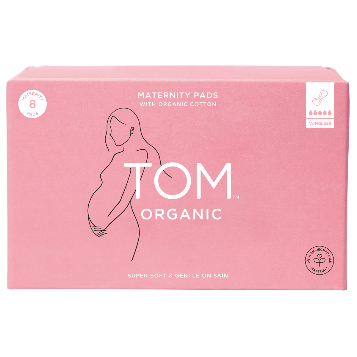 Pink box of Tom Organic Maternity pads against white background.
