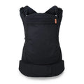 A black toddler carrier shown from the back, featuring padded shoulder straps, a wide waist belt, and a small orange brand tag on the upper right side, photographed against a plain white background.