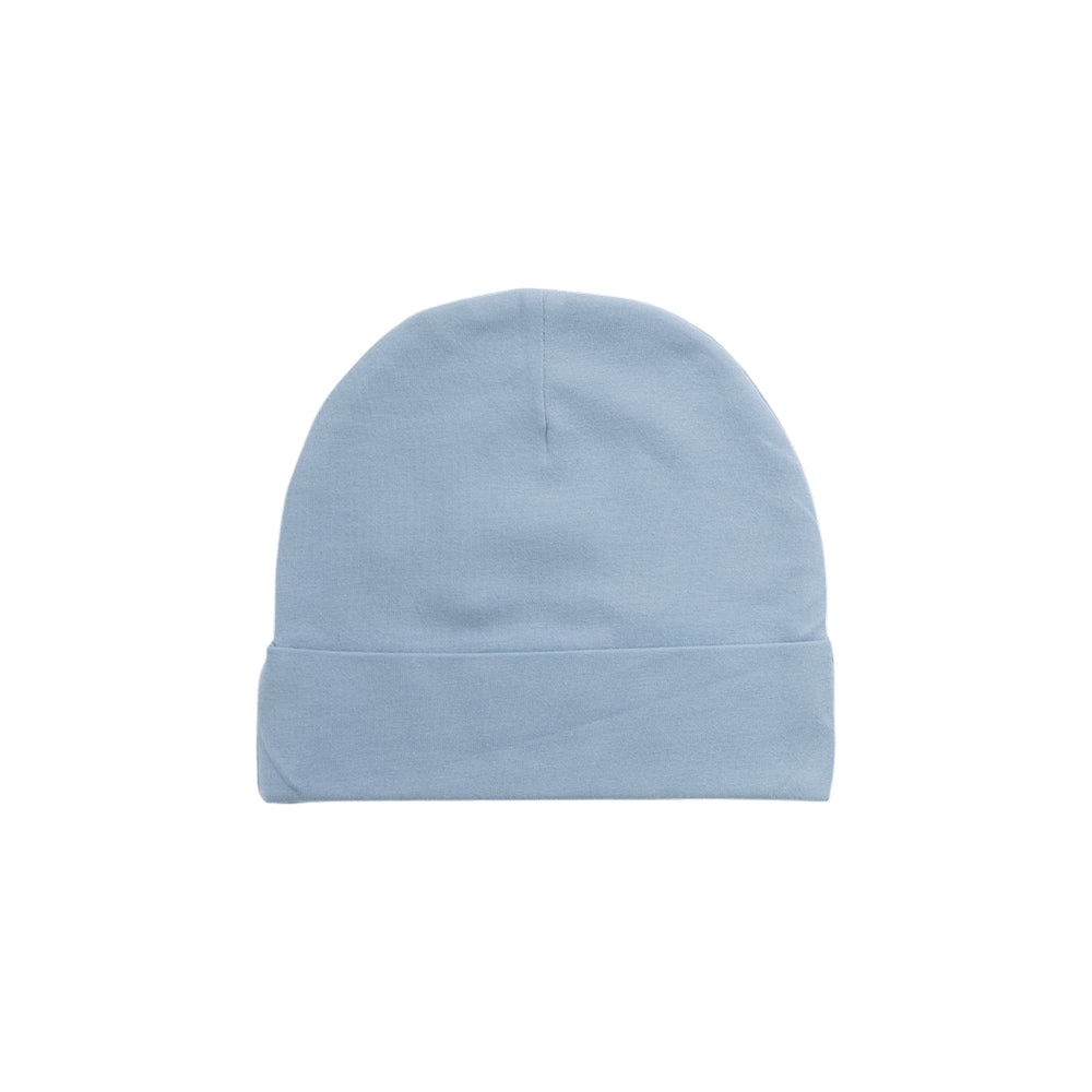 Organic Cotton Newborn Beanie - Blue on a white background.