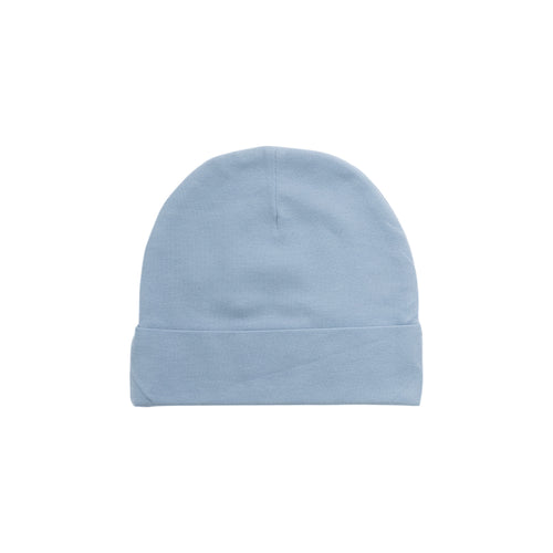 Organic Cotton Newborn Beanie - Blue on a white background.
