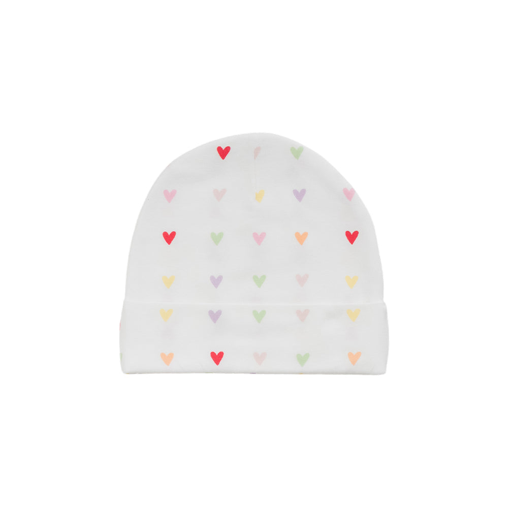 Organic Cotton Newborn Beanie - Mini Hearts on a white background.