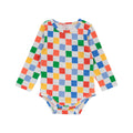 Organic Cotton Long Sleeve Bodysuit - Check on a white background. Bright Check print. 