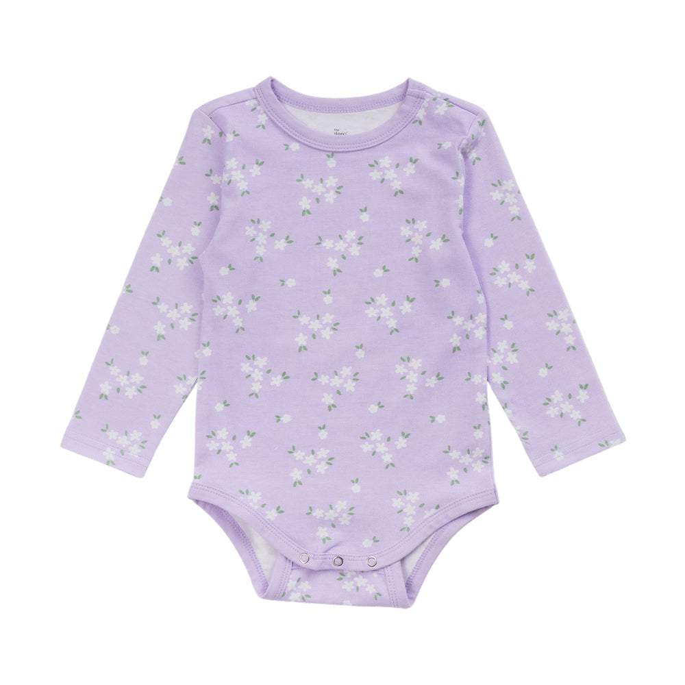 Organic Cotton Long Sleeve Bodysuit - Lilac Daisy on a white background. Lilac with an all over floral print. 