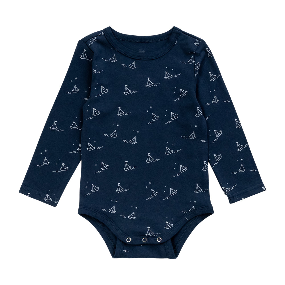 Organic Cotton Long Sleeve Bodysuit - Sailboat on a white background. Navy Blue with an all over sailboat print. 