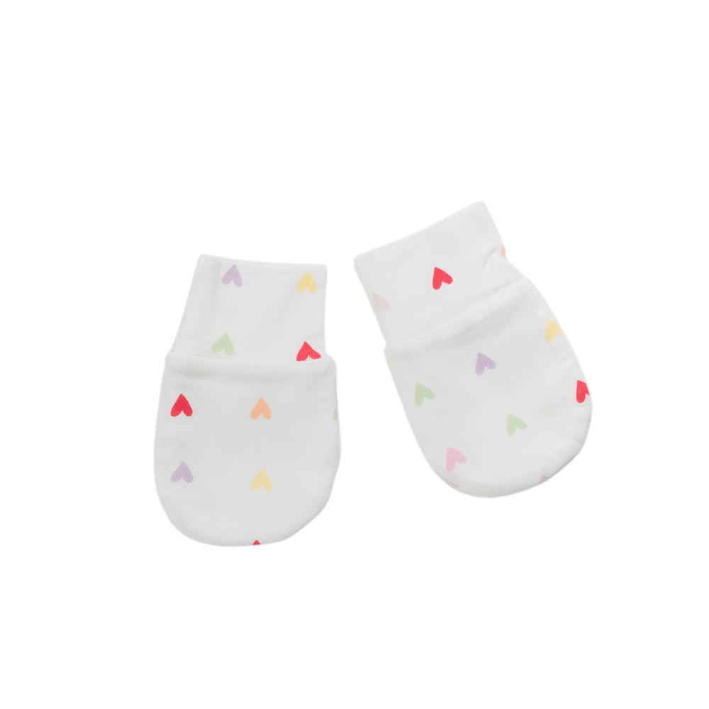 Organic Cotton Newborn Mittens - Mini Hearts on a white background. 