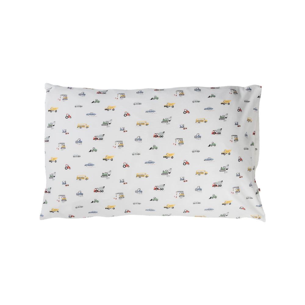 Cotton toddler pillowase. White base with an all over vehicles print. 