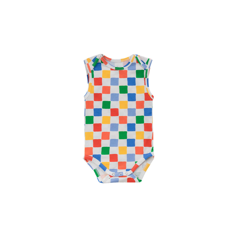 Organic cotton singletsuit on a white background. Bright coloured check print. 