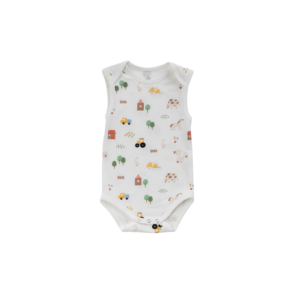 Organic cotton singletsuit on a white background. White base with an all over farmyard print. 