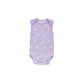 Organic cotton singletsuit on a white background. Lilac base with an all over floral print. 