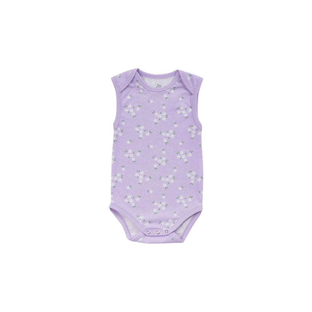 Organic cotton singletsuit on a white background. Lilac base with an all over floral print. 