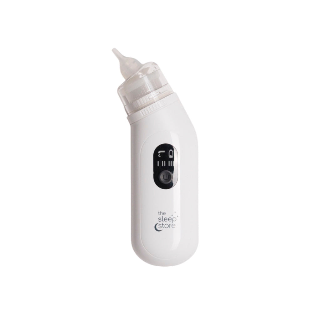 White nasal aspirator cleaning device with digital display on a white background