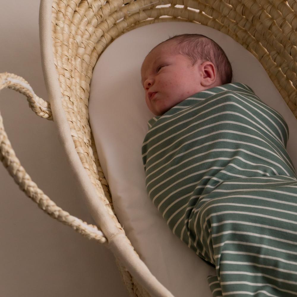 Newborn baby swaddled in a green and white striped merino swaddle blanket in a wicker basket.